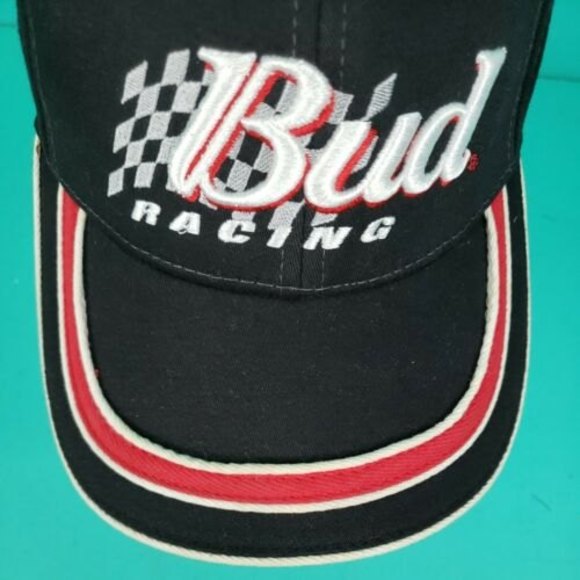 Vintage L XL Fitted Logo Athletic Bud Racing Black with Red White Stripe Hat/Cap - Picture 6 of 10